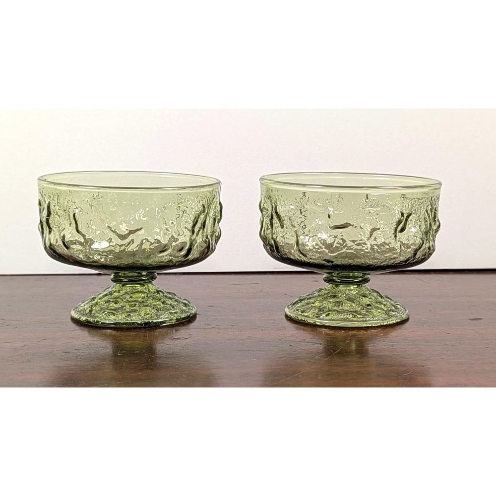 Indiana Glass Whitehall Olive Green Pedestal Dessert Bowls Set of 2 Vintage